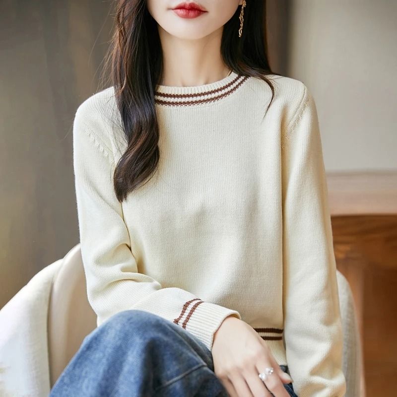 Autumn Winter Women Pure Cotton Knitted ONeck Pullover Sweater 5