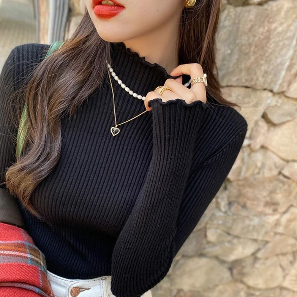 Autumn Winter Women Long Sleeve Solid Pullover Sweater Knitted Ruffle Top 1