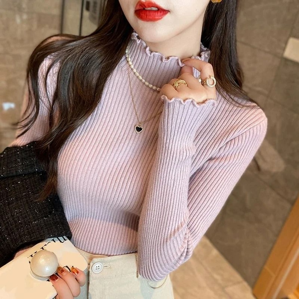 Autumn Winter Women Long Sleeve Solid Pullover Sweater Knitted Ruffle Top 9