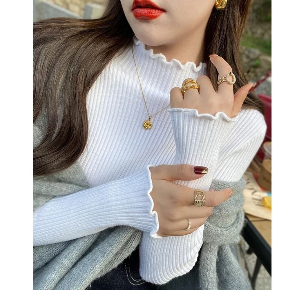 Autumn Winter Women Long Sleeve Solid Pullover Sweater Knitted Ruffle Top 2