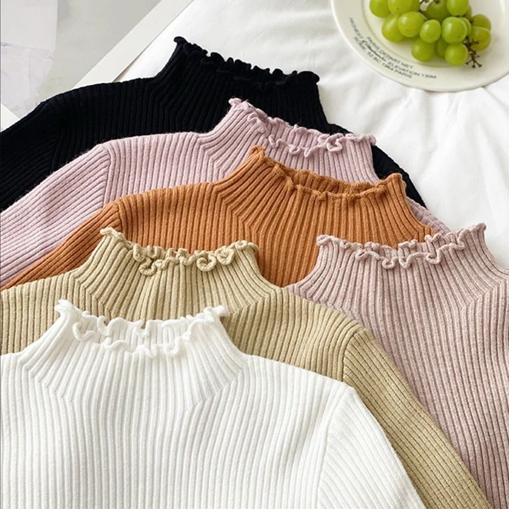Autumn Winter Women Long Sleeve Solid Pullover Sweater Knitted Ruffle Top 5