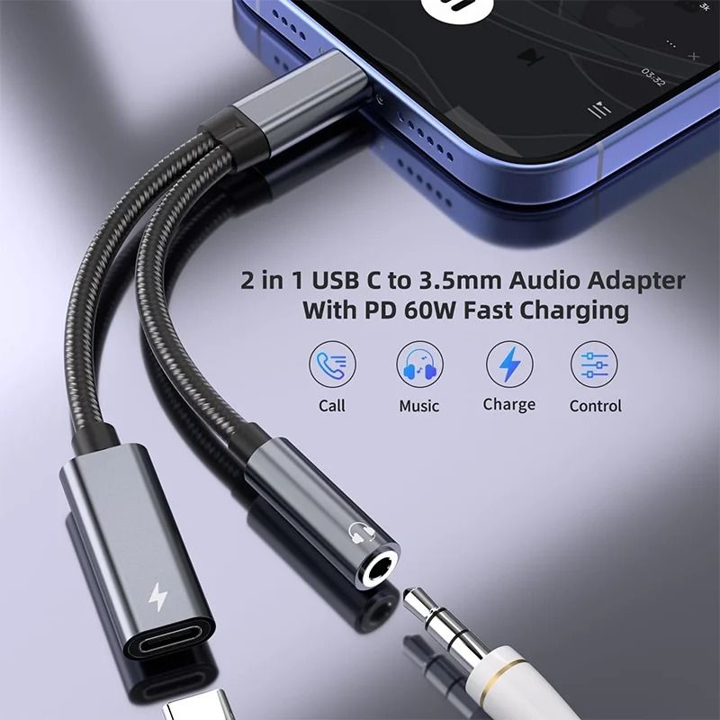 2 In 1 Type C To 35mm Audio Adapter PD 60W Fast Charging 2