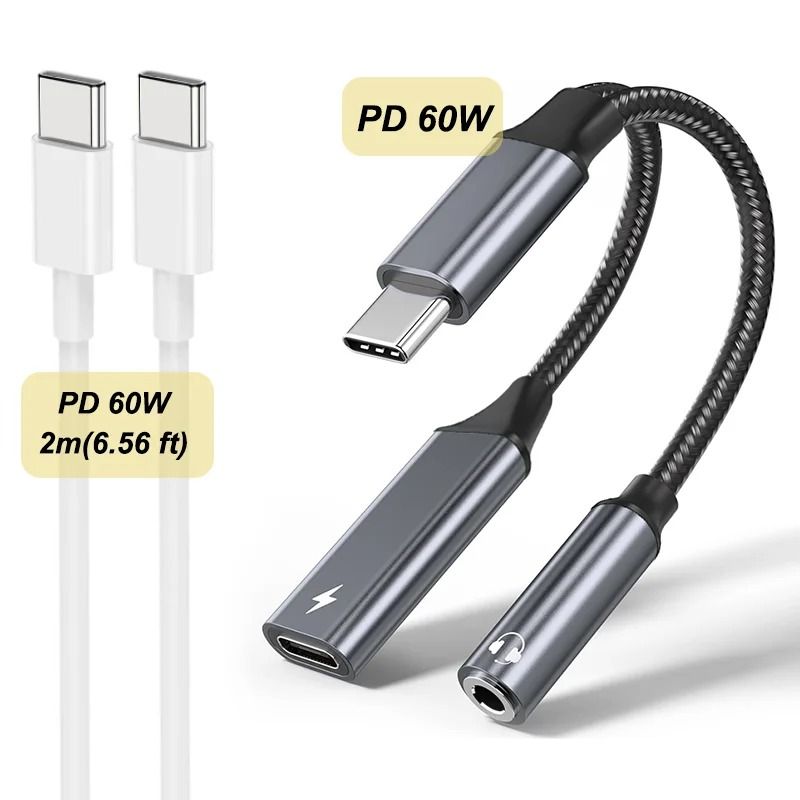 2 In 1 Type C To 35mm Audio Adapter PD 60W Fast Charging 8