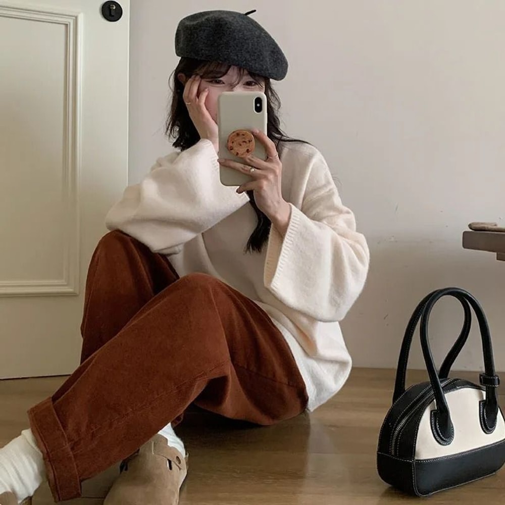 Oversized Loose Round Neck Sweater For Women Autumn Winter Knit 2