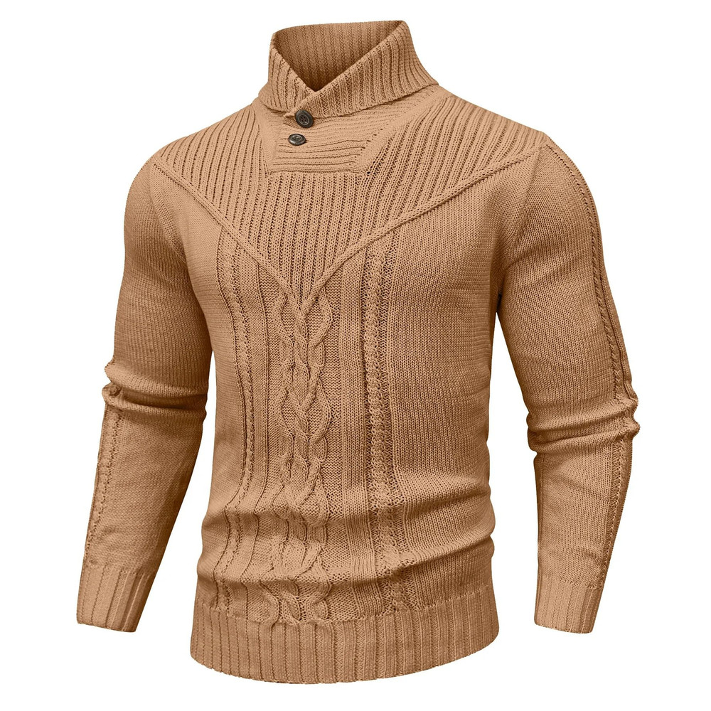Men Shawl Collar Cable Knit Pullover Sweater Fleece Woolen Solid Color 10