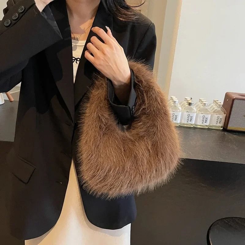 Solid Color Faux Fur Bag For Women Winter Soft Plush Handbag Tote 2