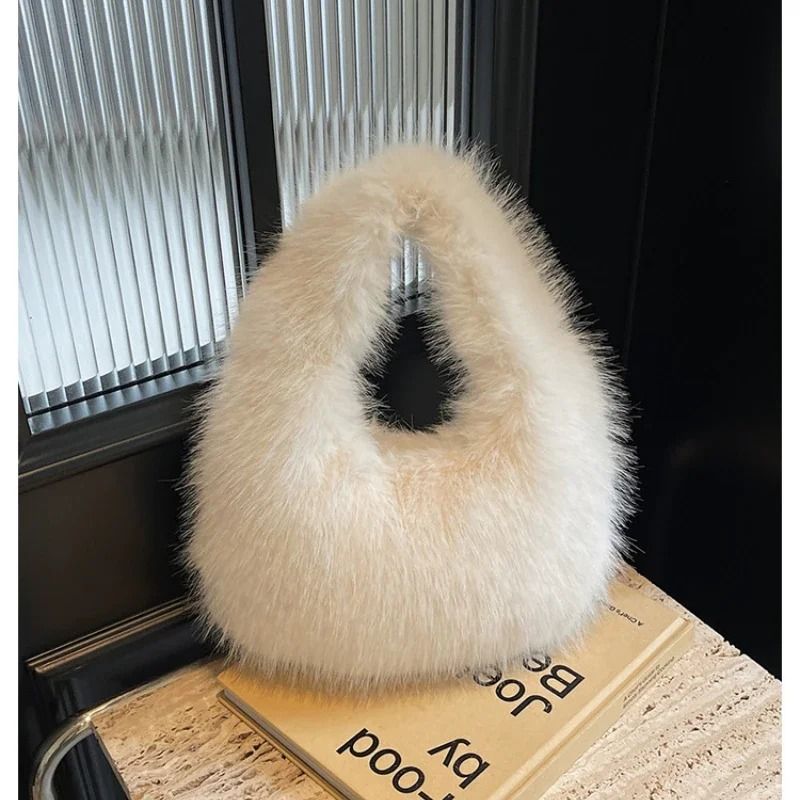 Solid Color Faux Fur Bag For Women Winter Soft Plush Handbag Tote 3