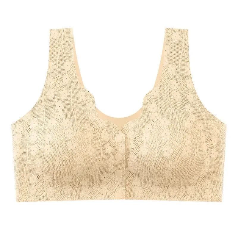 Soft Cup Front Button Bra Breathable Wireless Tank Top Lace Large Size Bra 9