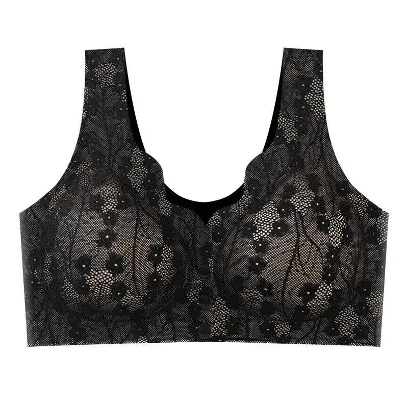 Soft Cup Front Button Bra Breathable Wireless Tank Top Lace Large Size Bra 7