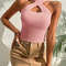 Women Ribbed Knit Criss Cross Halter Crop Top 4