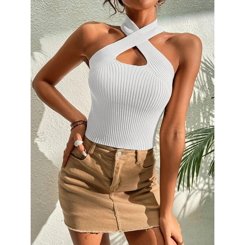 Women Ribbed Knit Criss Cross Halter Crop Top 10