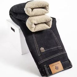winter lamb fluff denim straight pants men fleece lined warm jeans