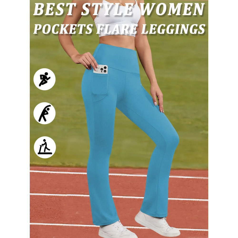 Womens Super Soft Flare Pants With Pockets High Waisted Yoga Bell Bottom Leggings 7