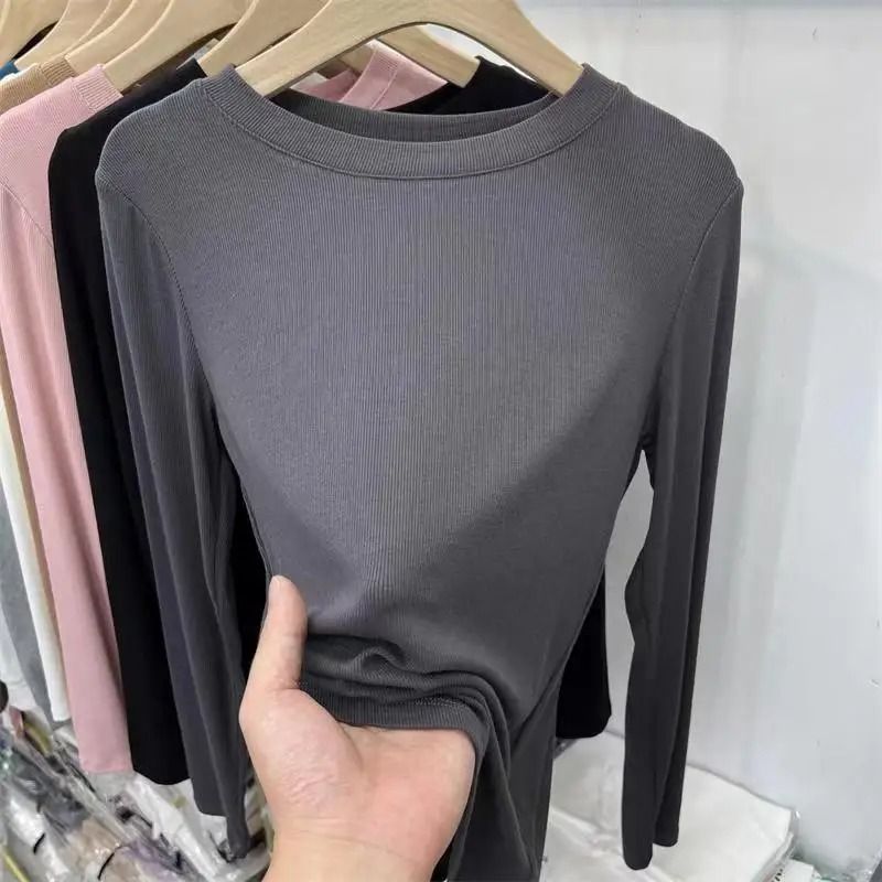 Womens Slim Fit ONeck Long Sleeve Basic TShirt Stretchy Ribbed Knit Casual Top 3