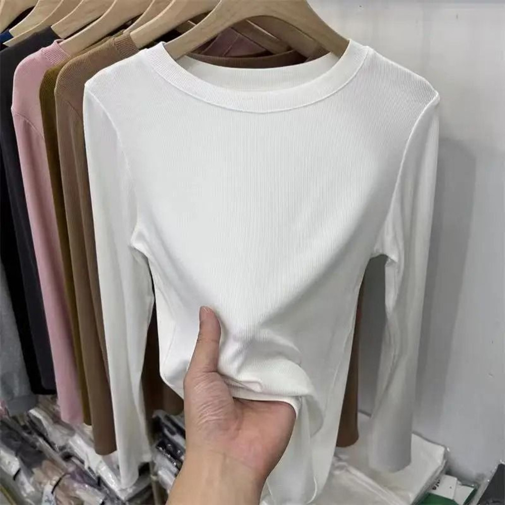 Womens Slim Fit ONeck Long Sleeve Basic TShirt Stretchy Ribbed Knit Casual Top 8