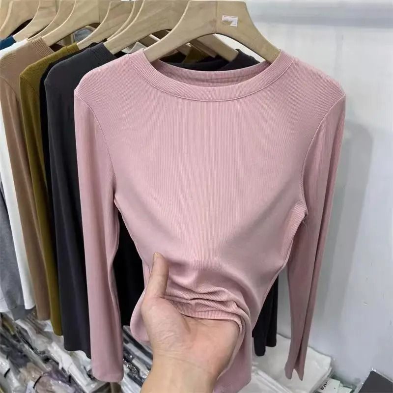 Womens Slim Fit ONeck Long Sleeve Basic TShirt Stretchy Ribbed Knit Casual Top 4
