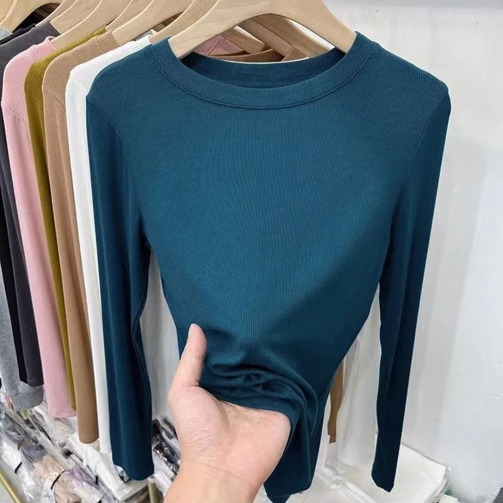 Womens Slim Fit ONeck Long Sleeve Basic TShirt Stretchy Ribbed Knit Casual Top 6