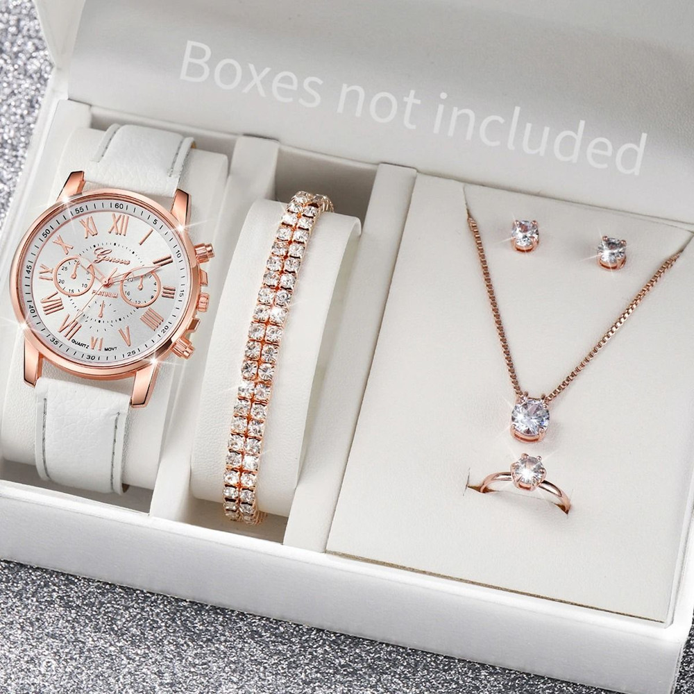 Women Luxury Watch And Jewelry Set Roma Dial Leather Band Quartz 10