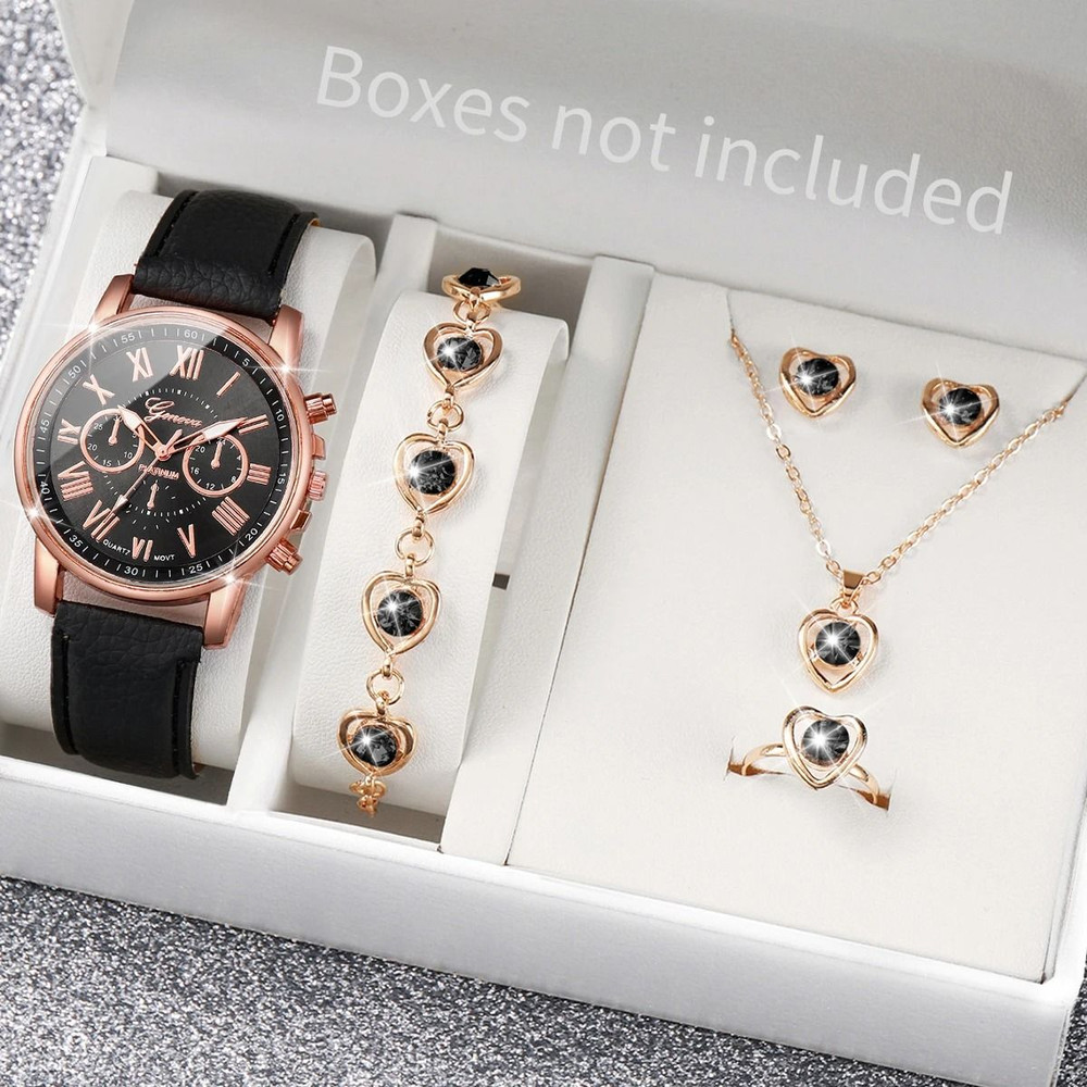 Women Luxury Watch And Jewelry Set Roma Dial Leather Band Quartz 16
