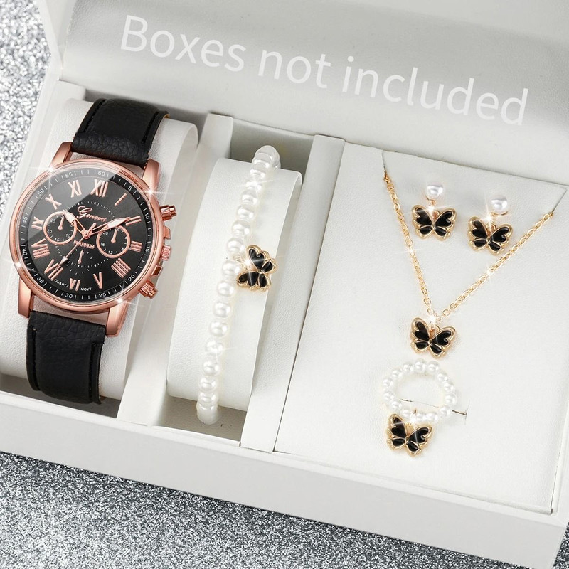 Women Luxury Watch And Jewelry Set Roma Dial Leather Band Quartz 17