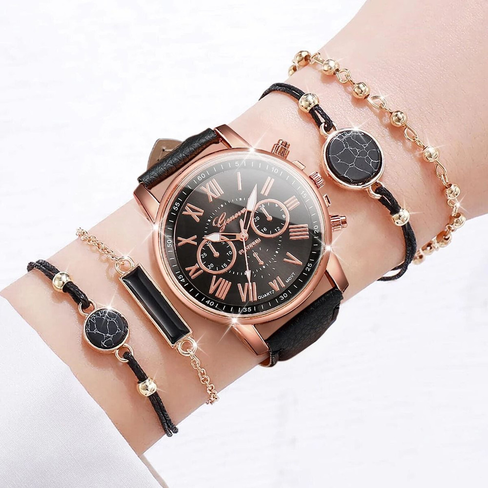 Women Luxury Watch And Jewelry Set Roma Dial Leather Band Quartz 18