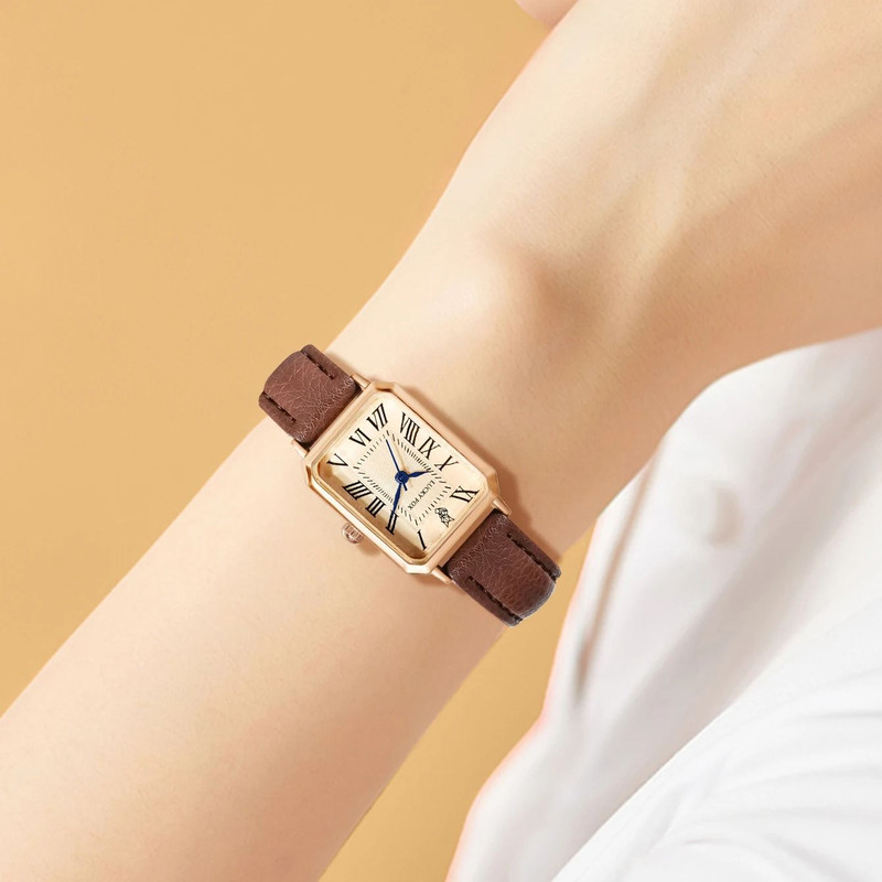 Women Retro Square Quartz Watch Leather Strap Casual Wristwatch 2