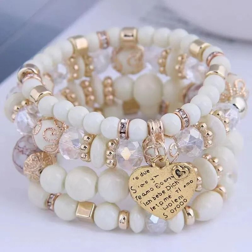 Women Boho Crystal Beads Strand Bracelet Set 4Piece Elastic Stackable Bangles 9