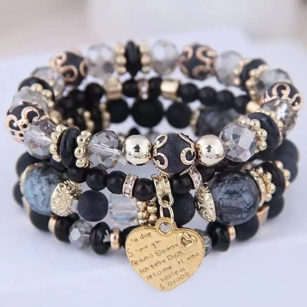 Women Boho Crystal Beads Strand Bracelet Set 4Piece Elastic Stackable Bangles 10