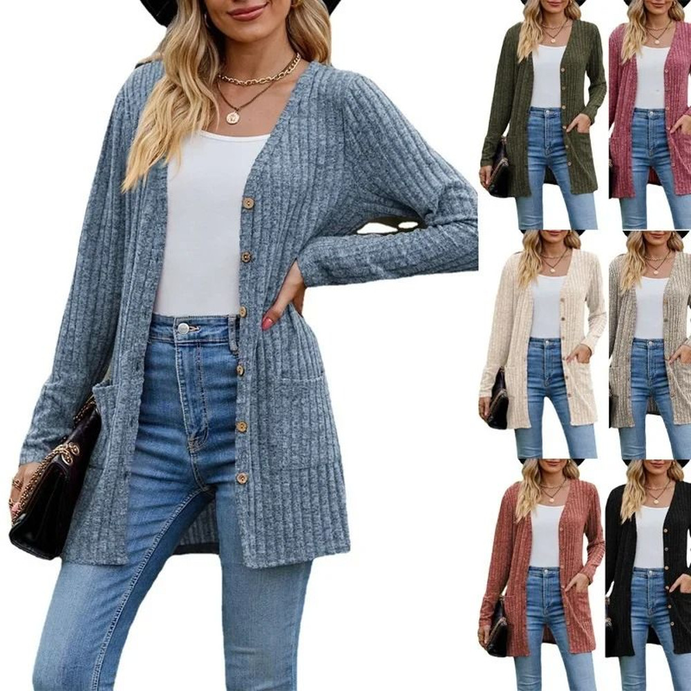 Women Long Sleeve Button V Neck Casual Cardigan Jacket 0