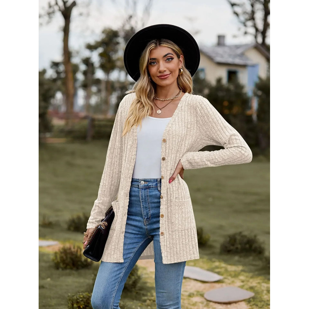 Women Long Sleeve Button V Neck Casual Cardigan Jacket 9