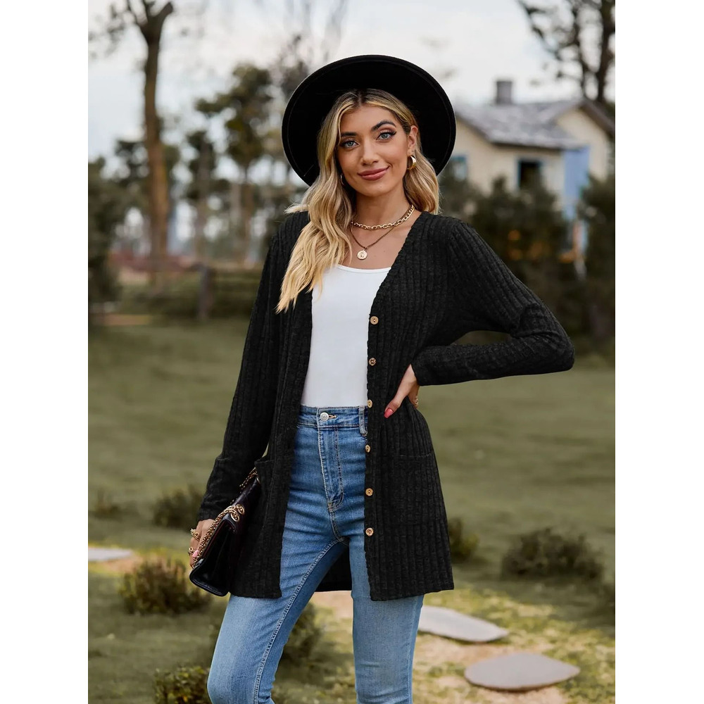 Women Long Sleeve Button V Neck Casual Cardigan Jacket 7