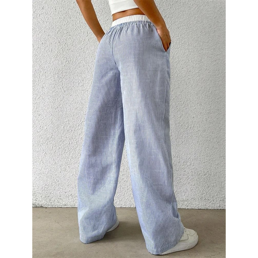 Womens Casual Striped Woven Wide Leg Pants Fall Winter 2024 Stylish Full Length Trousers 1