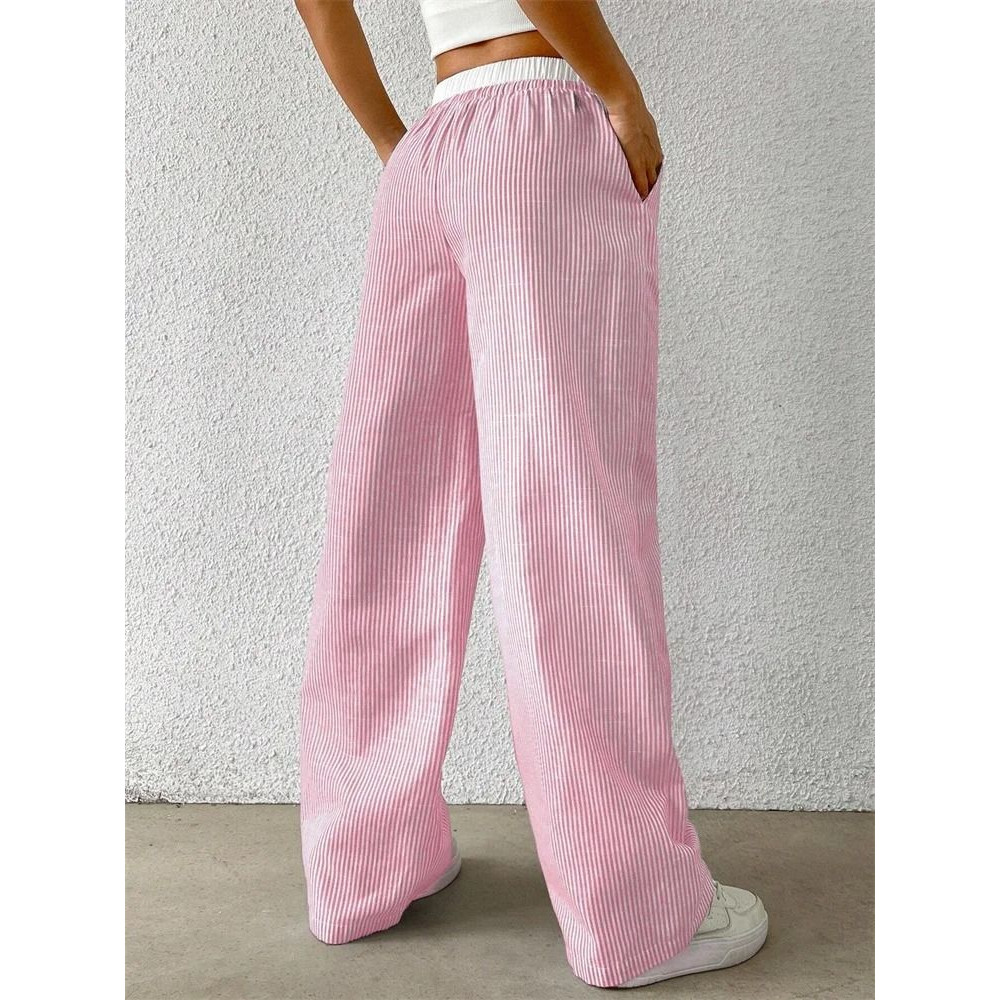 Womens Casual Striped Woven Wide Leg Pants Fall Winter 2024 Stylish Full Length Trousers 4