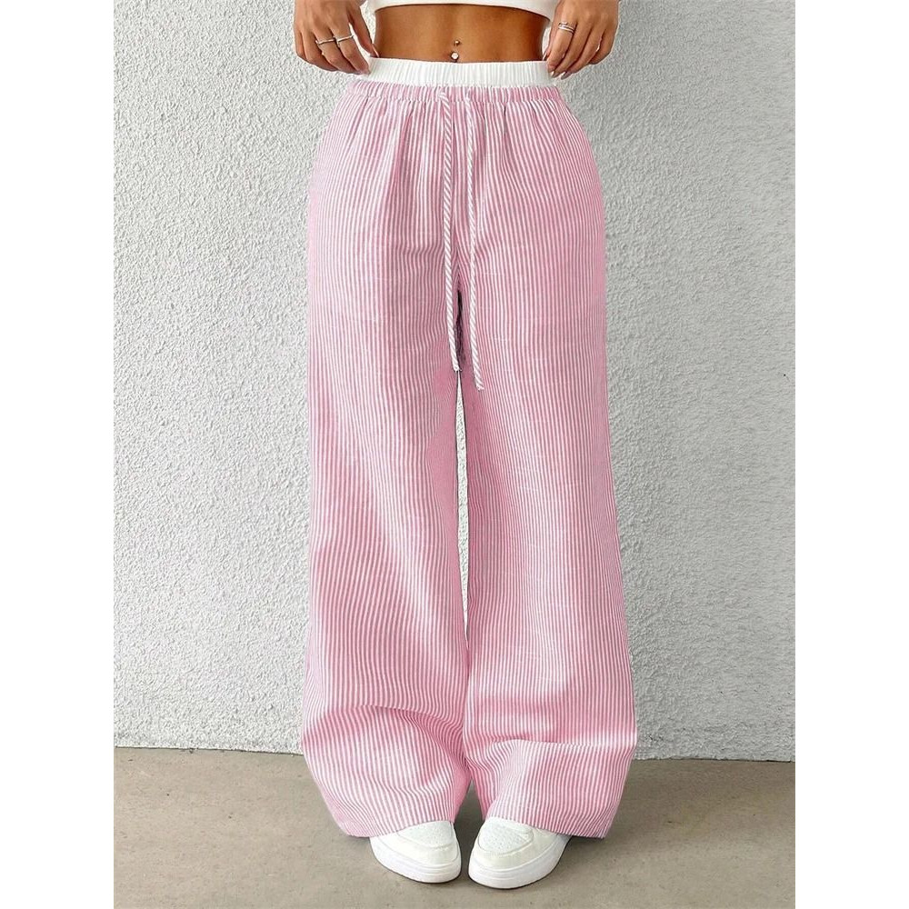 Womens Casual Striped Woven Wide Leg Pants Fall Winter 2024 Stylish Full Length Trousers 5