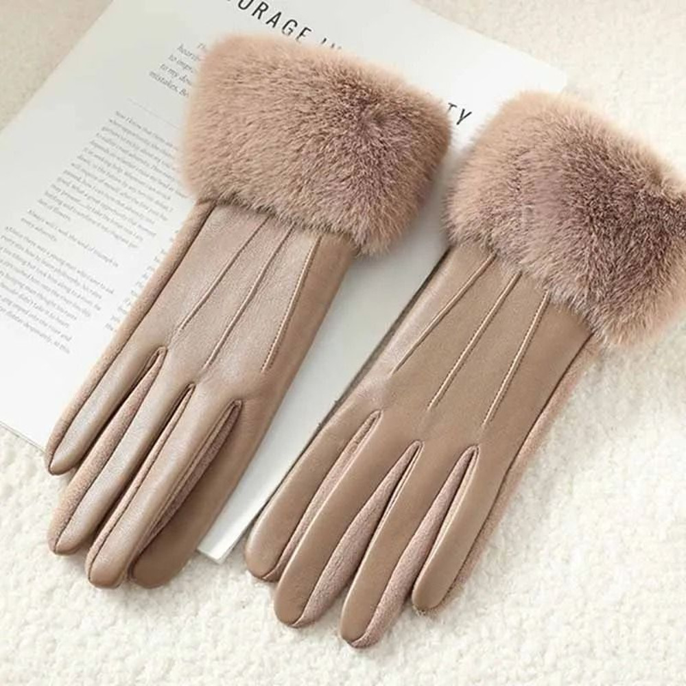 Winter Women PU Leather Gloves Faux Fur Cuff Touch Screen 10