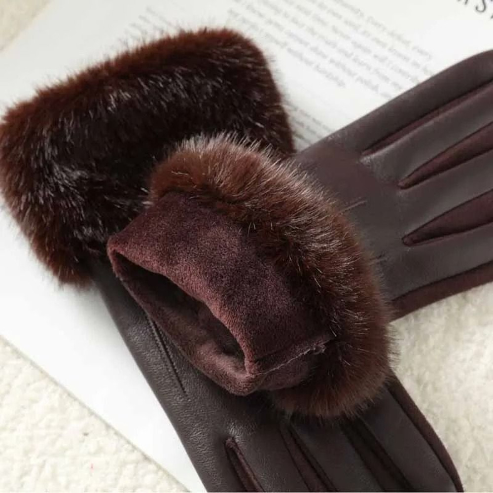 Winter Women PU Leather Gloves Faux Fur Cuff Touch Screen 4