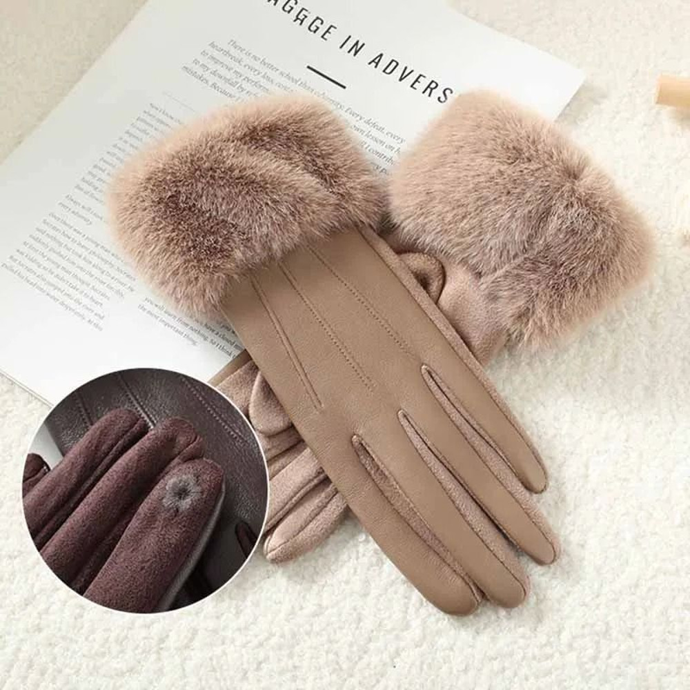 Winter Women PU Leather Gloves Faux Fur Cuff Touch Screen 5