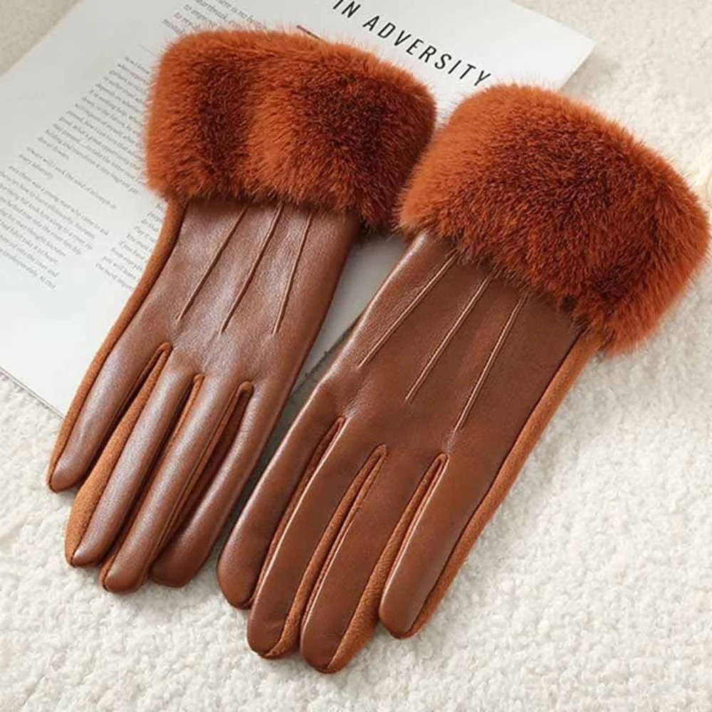 Winter Women PU Leather Gloves Faux Fur Cuff Touch Screen 6
