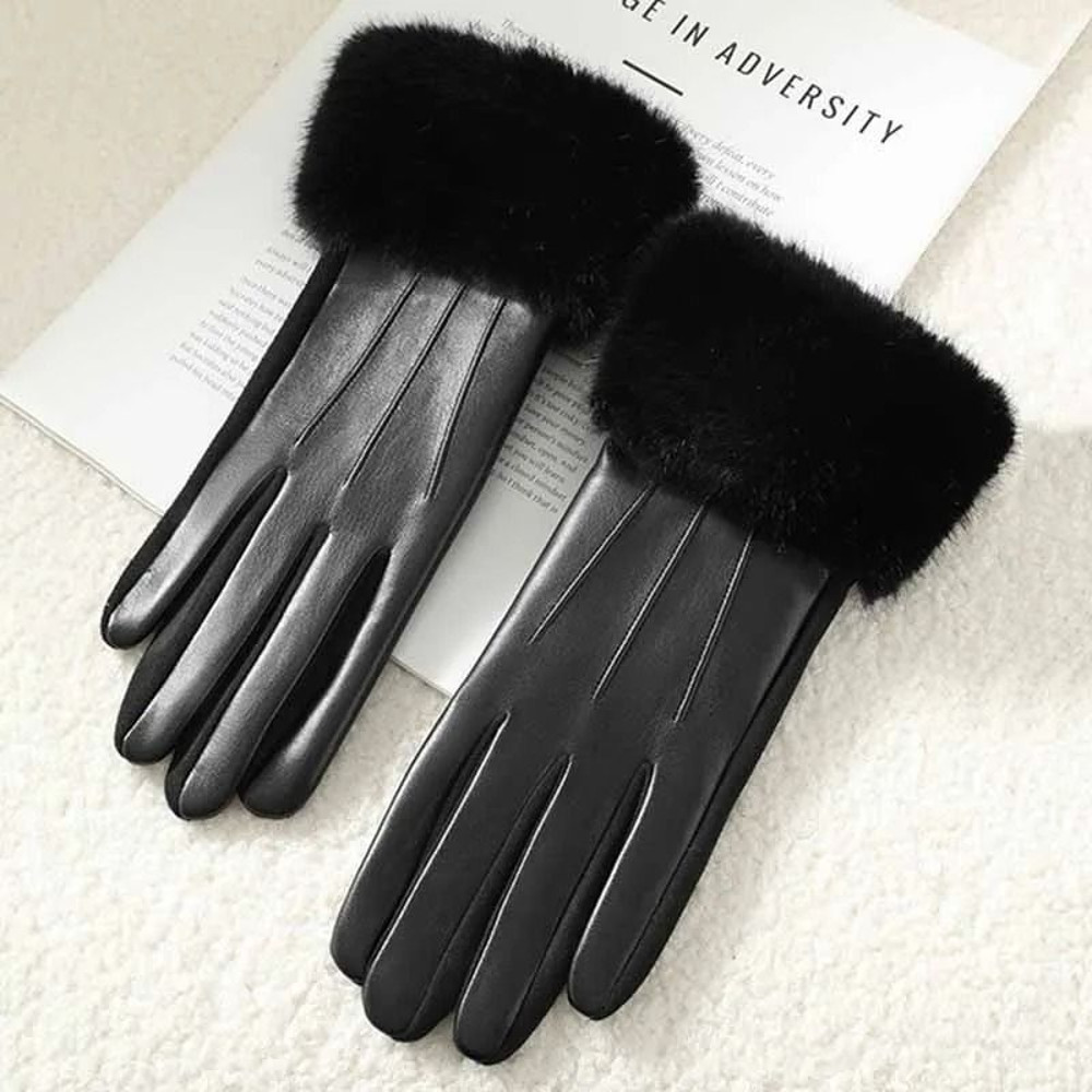 Winter Women PU Leather Gloves Faux Fur Cuff Touch Screen 8