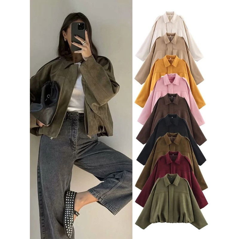 Women Suede Bomber Jacket Long Sleeve Oversize Zipper Coat Streetwear 0