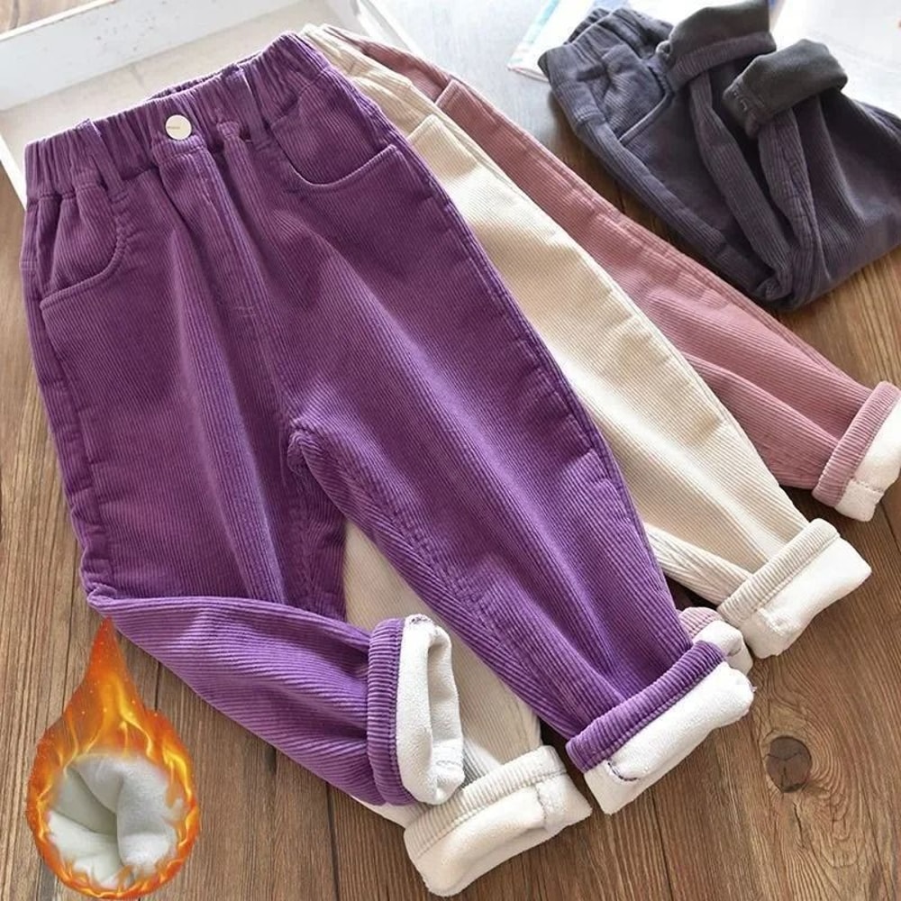 Kids Warm Corduroy Pants For Boys And Girls High Waist Winter Trousers 0