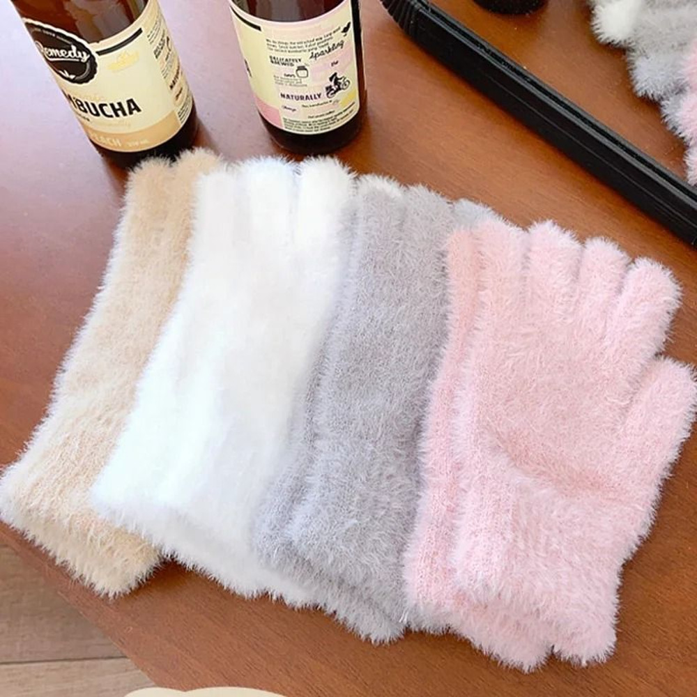 Women Winter Mink Velvet Five Finger Gloves Plush Warm Cold Proof 2