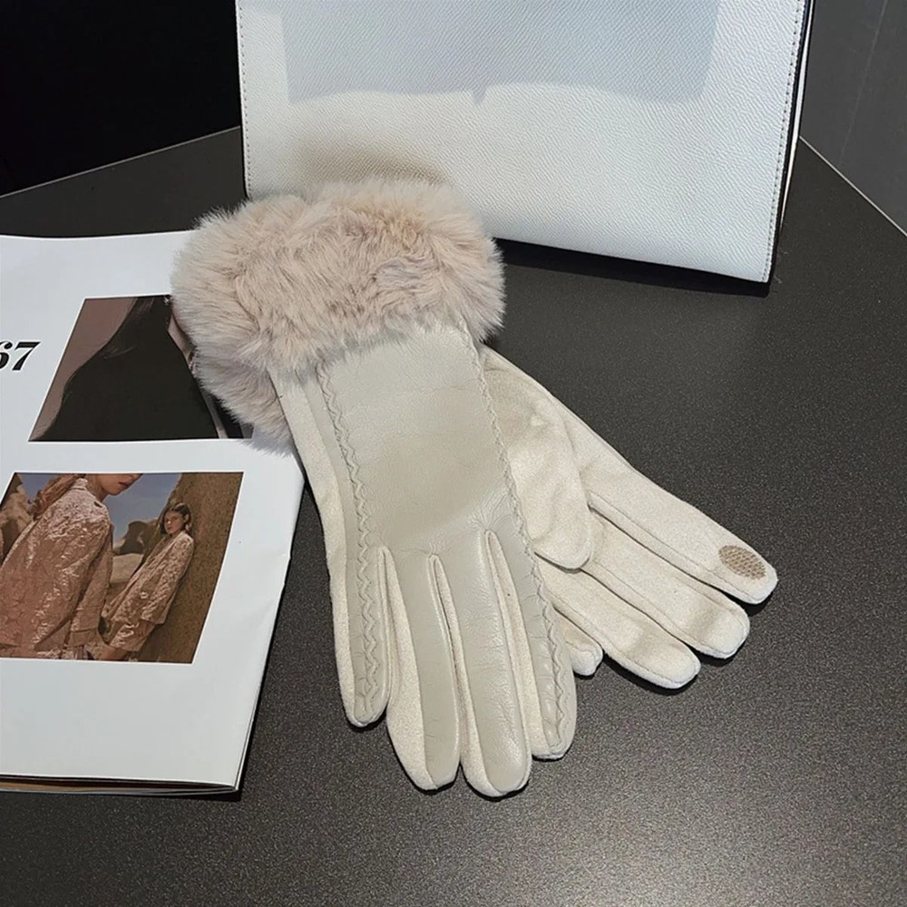 Women PU Leather Gloves For Cold Weather With Faux Fur Trim 7