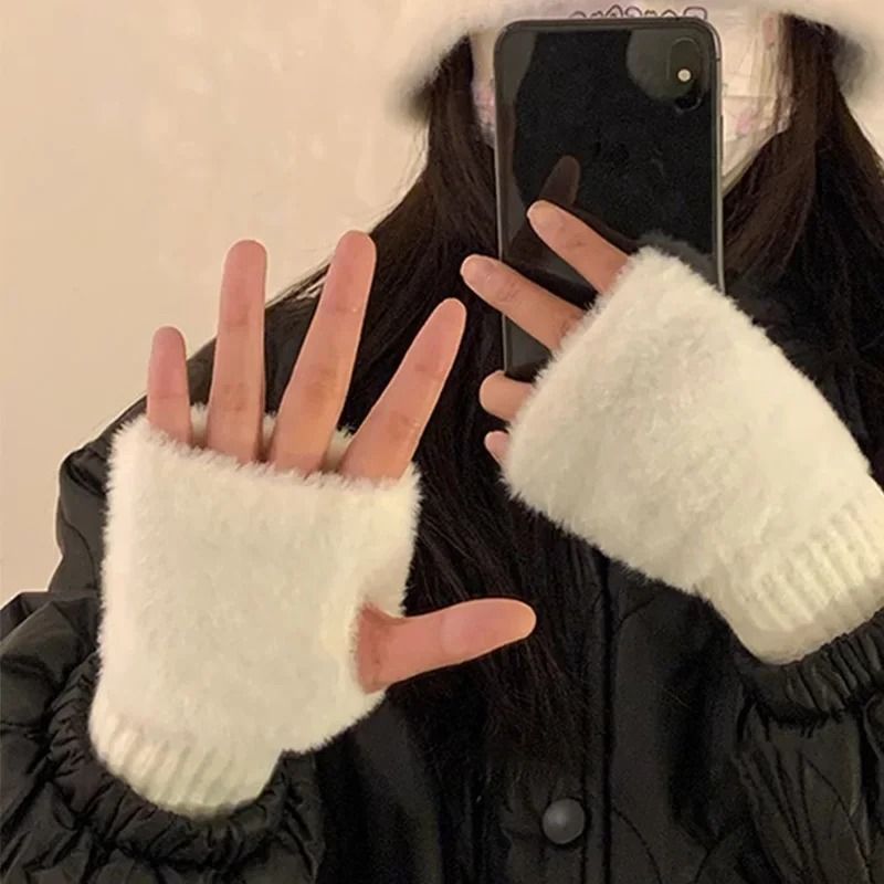 Winter Half Finger Gloves For Women Plush Knitted Fingerless Wrist Warmers 1