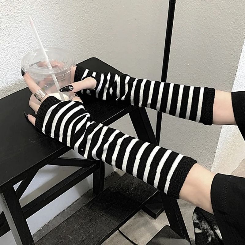 Winter Knit Fingerless Elbow Gloves Unisex HipHop Stripe Arm Warmers 1