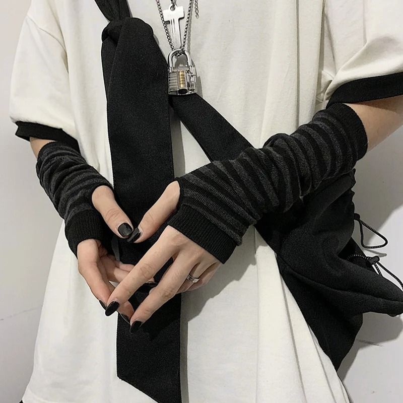 Winter Knit Fingerless Elbow Gloves Unisex HipHop Stripe Arm Warmers 2