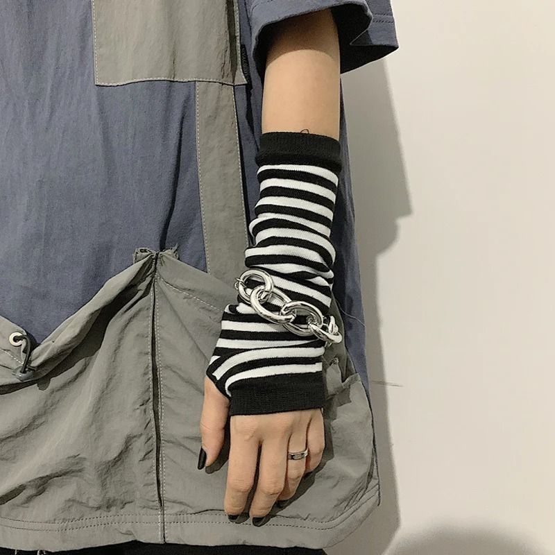 Winter Knit Fingerless Elbow Gloves Unisex HipHop Stripe Arm Warmers 3