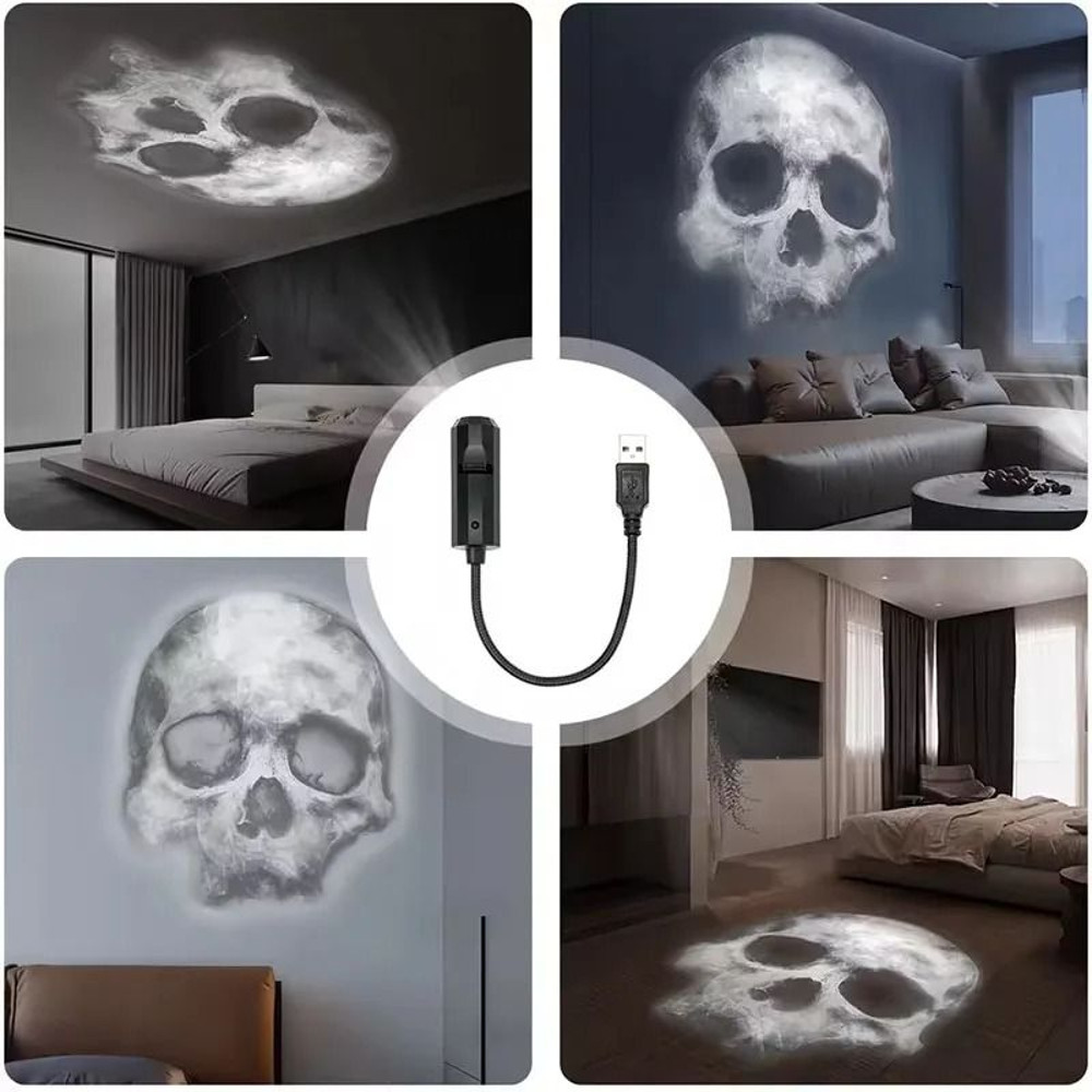 Halloween USB Projector Light Skull Nightlight Ghost LED Lamp 360 Degree Rotating Switchable Patter 5