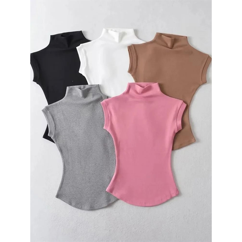 Women Summer Turtleneck Sleeveless Top Solid Slim Fit 0