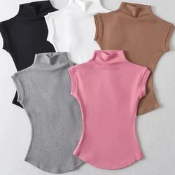women summer turtleneck sleeveless top solid slim fit